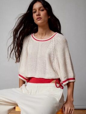 BDG Cream Cropped Knit Top with Red Trim